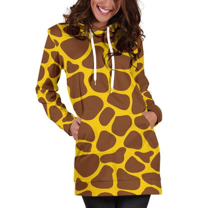 Yellow Brown Giraffe Pattern Print Hoodie Dress GearFrost