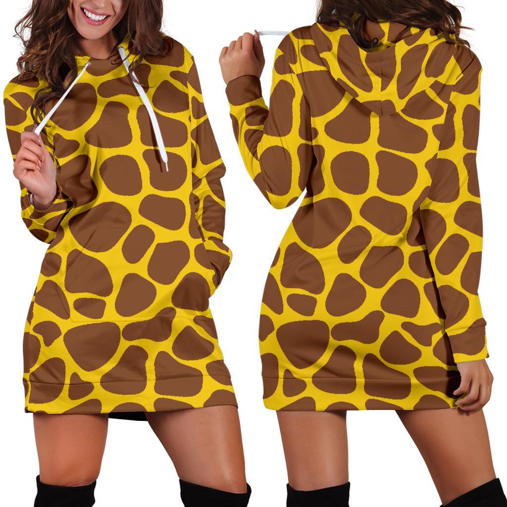 Yellow Brown Giraffe Pattern Print Hoodie Dress GearFrost