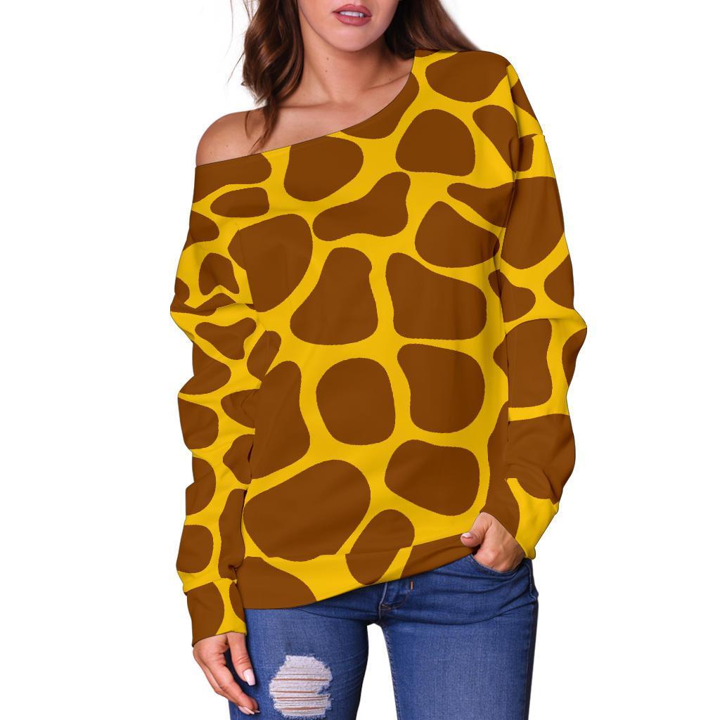 Yellow Brown Giraffe Pattern Print Off Shoulder Sweatshirt GearFrost