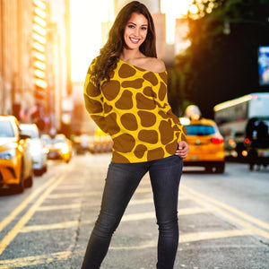 Yellow Brown Giraffe Pattern Print Off Shoulder Sweatshirt GearFrost