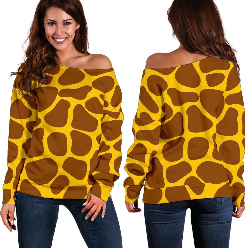 Yellow Brown Giraffe Pattern Print Off Shoulder Sweatshirt GearFrost