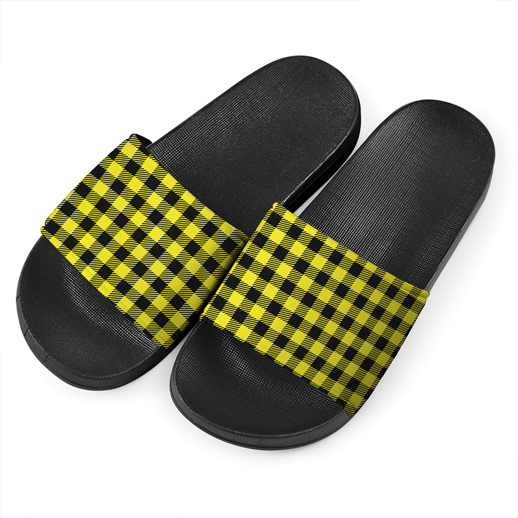 Yellow Buffalo Plaid Print Black Slide Sandals