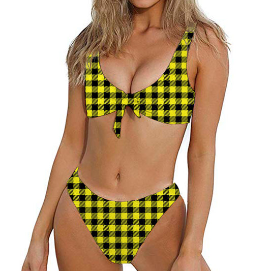 Yellow Buffalo Plaid Print Front Bow Tie Bikini