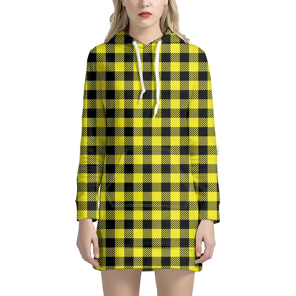 Yellow Buffalo Plaid Print Hoodie Dress