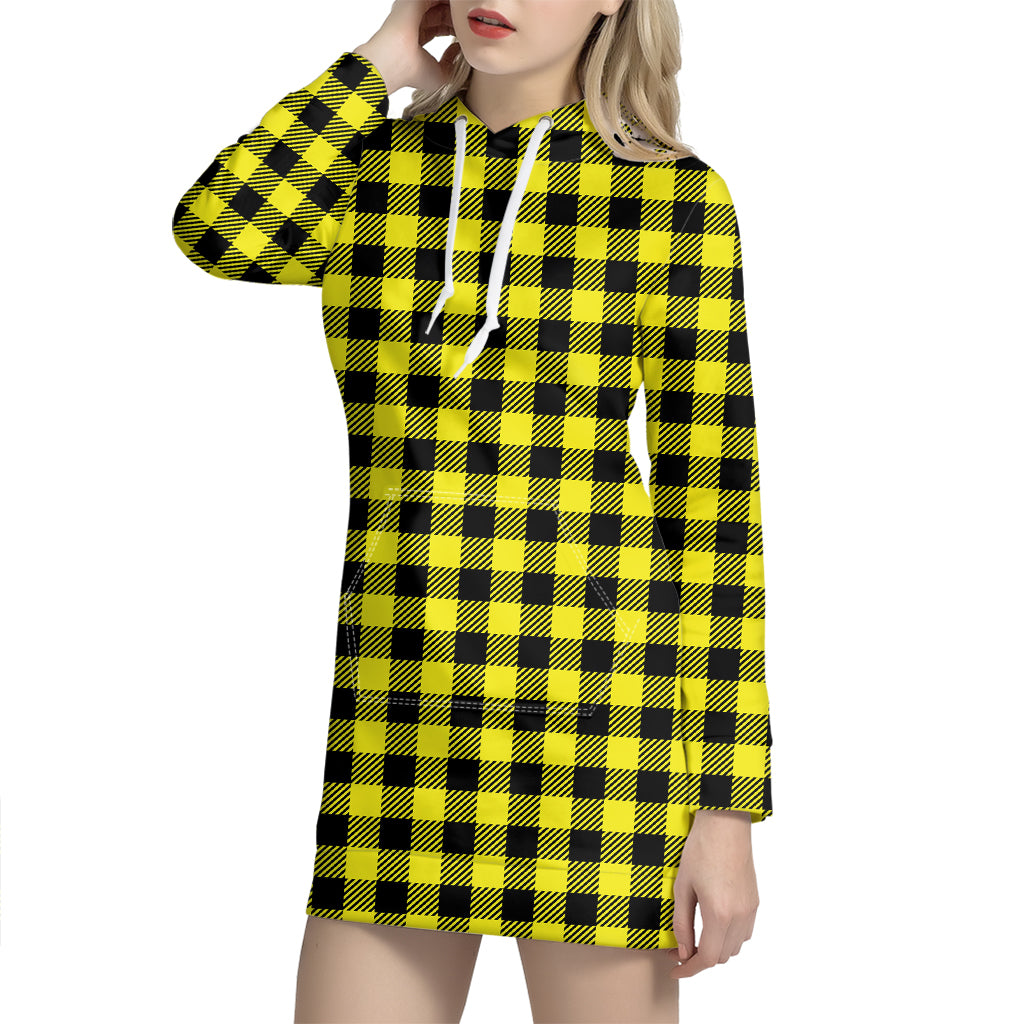 Yellow Buffalo Plaid Print Hoodie Dress