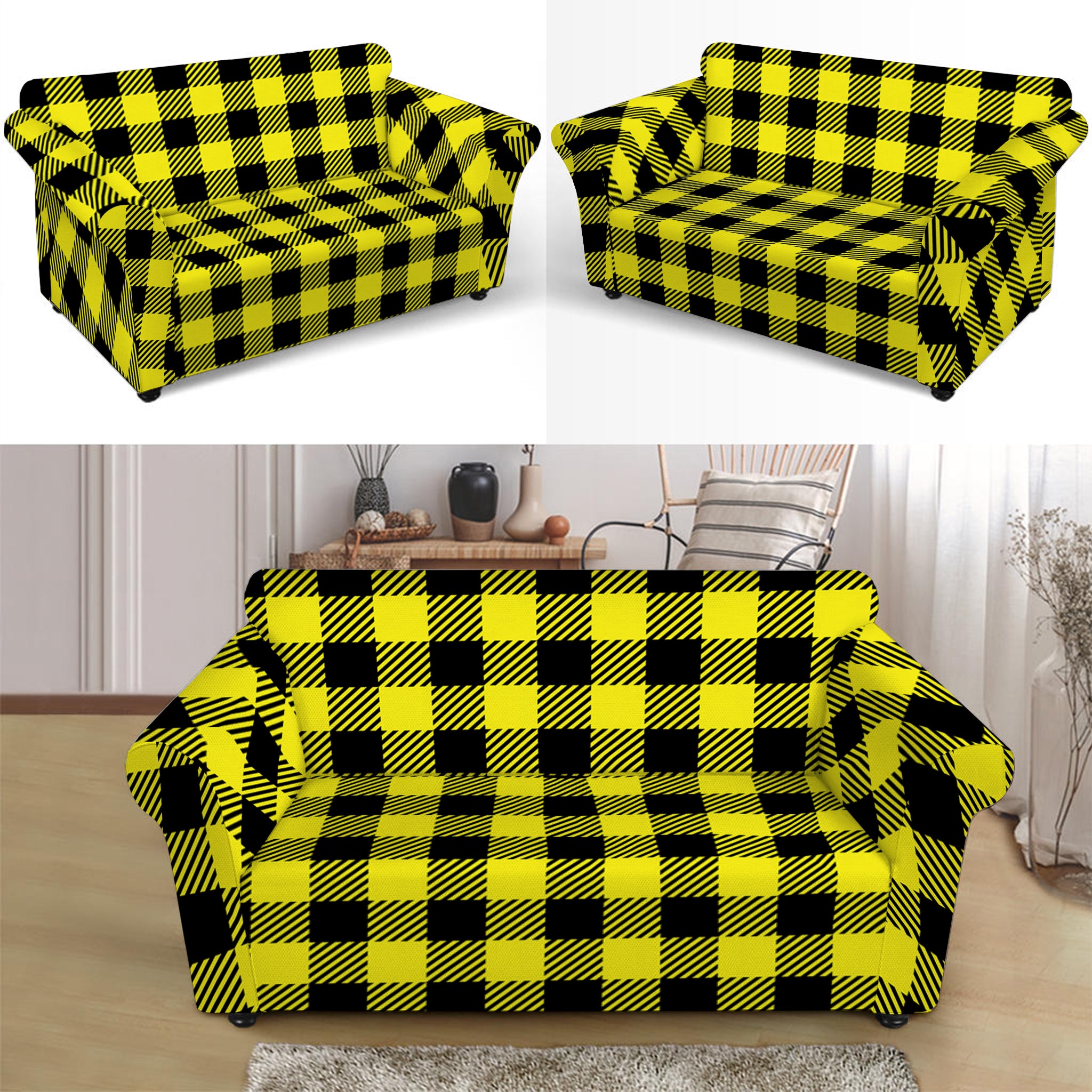 Yellow Buffalo Plaid Print Loveseat Slipcover