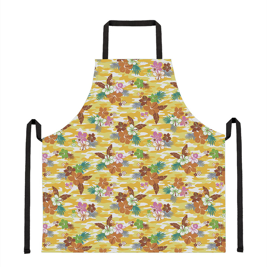 Yellow Camo And Hibiscus Flower Print Apron