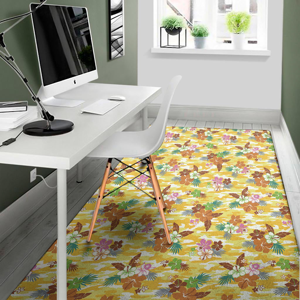 Yellow Camo And Hibiscus Flower Print Area Rug