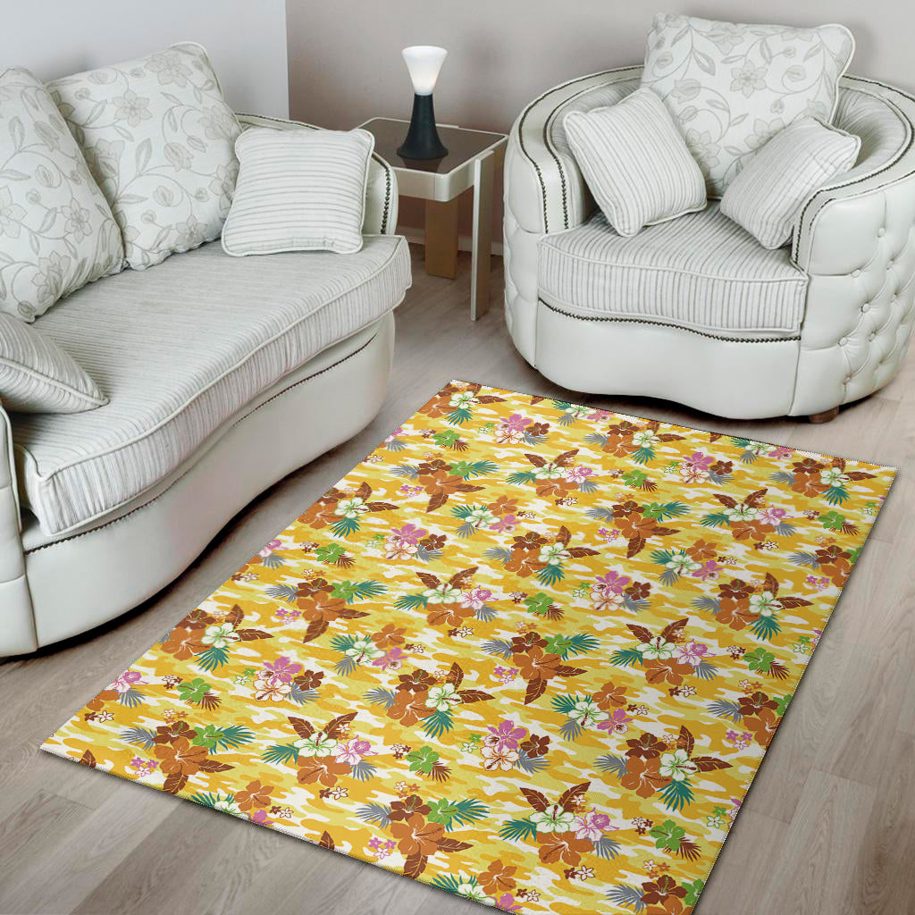 Yellow Camo And Hibiscus Flower Print Area Rug