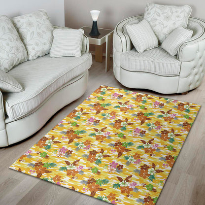 Yellow Camo And Hibiscus Flower Print Area Rug