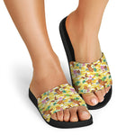 Yellow Camo And Hibiscus Flower Print Black Slide Sandals