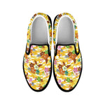Yellow Camo And Hibiscus Flower Print Black Slip On Shoes