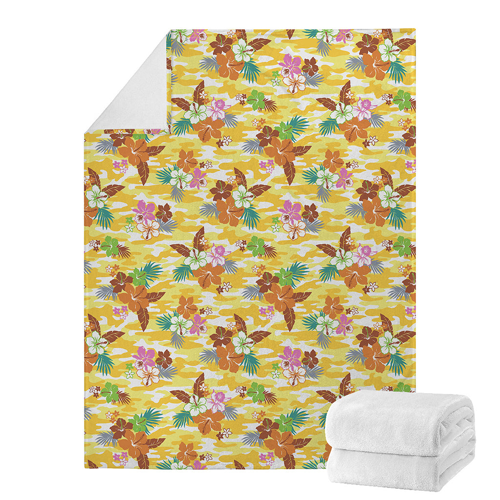 Yellow Camo And Hibiscus Flower Print Blanket