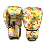Yellow Camo And Hibiscus Flower Print Boxing Gloves