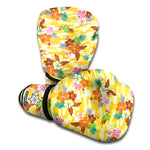 Yellow Camo And Hibiscus Flower Print Boxing Gloves