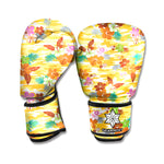 Yellow Camo And Hibiscus Flower Print Boxing Gloves