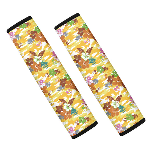 Yellow Camo And Hibiscus Flower Print Car Seat Belt Covers