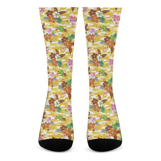 Yellow Camo And Hibiscus Flower Print Crew Socks