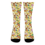Yellow Camo And Hibiscus Flower Print Crew Socks