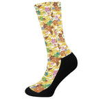 Yellow Camo And Hibiscus Flower Print Crew Socks