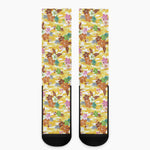Yellow Camo And Hibiscus Flower Print Crew Socks