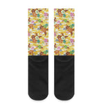 Yellow Camo And Hibiscus Flower Print Crew Socks
