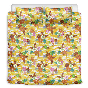 Yellow Camo And Hibiscus Flower Print Duvet Cover Bedding Set