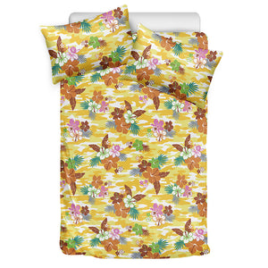 Yellow Camo And Hibiscus Flower Print Duvet Cover Bedding Set