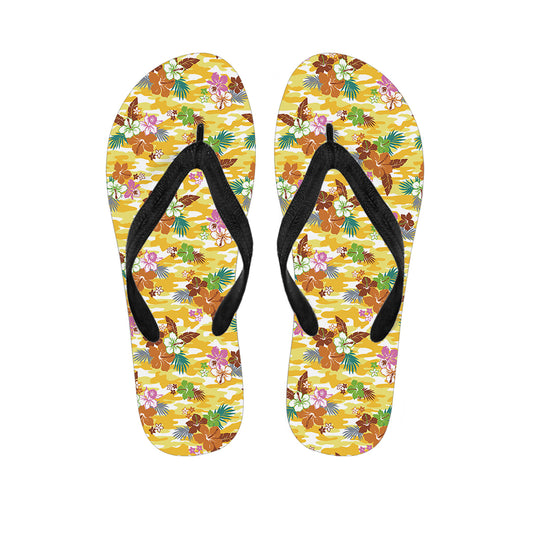 Yellow Camo And Hibiscus Flower Print Flip Flops