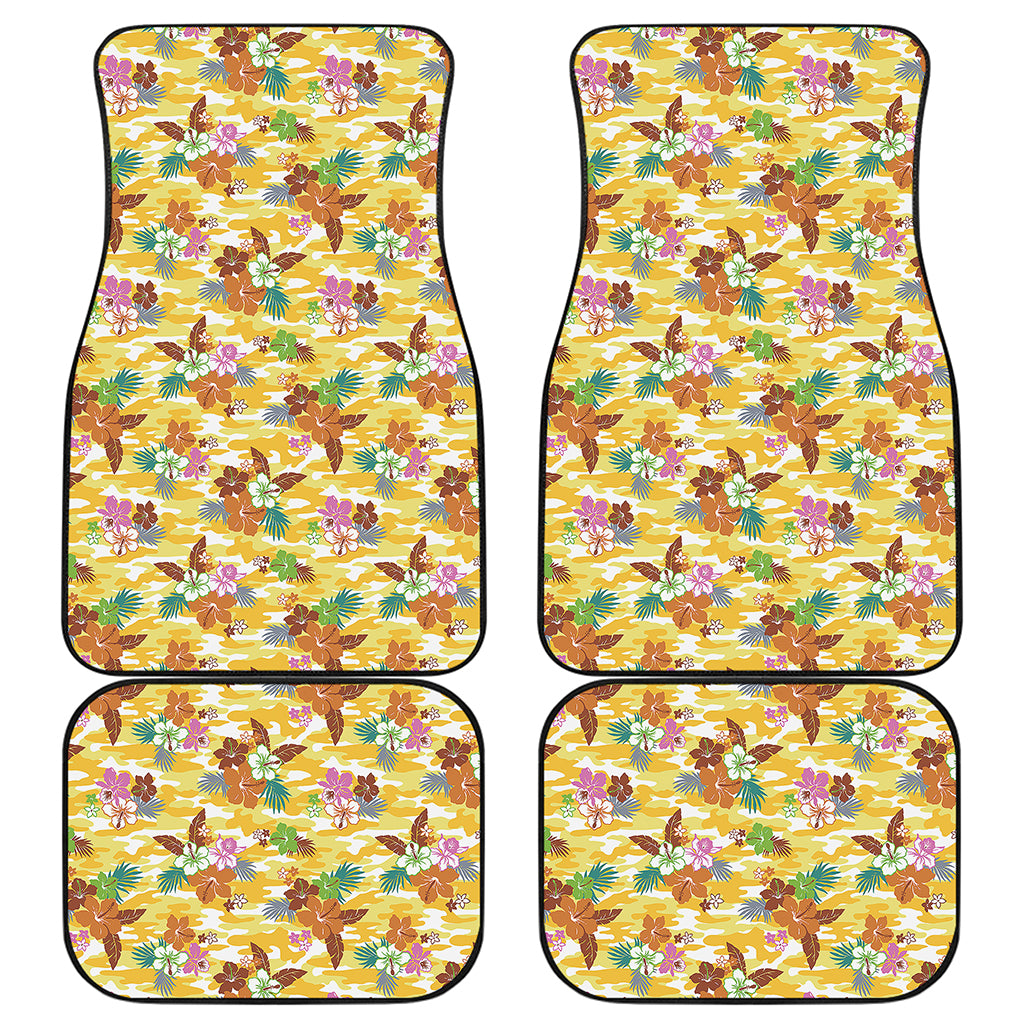 Yellow Camo And Hibiscus Flower Print Front and Back Car Floor Mats