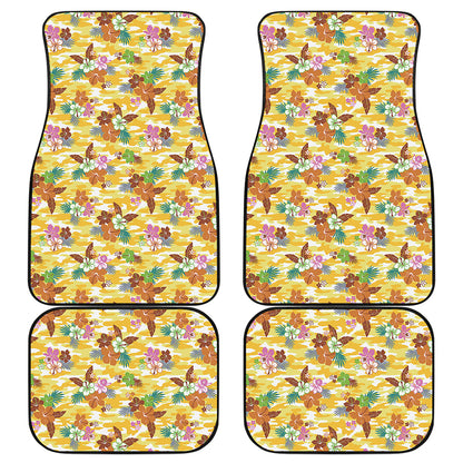 Yellow Camo And Hibiscus Flower Print Front and Back Car Floor Mats