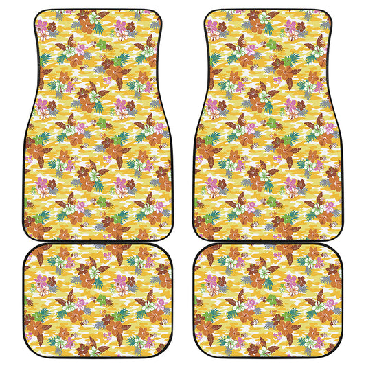 Yellow Camo And Hibiscus Flower Print Front and Back Car Floor Mats