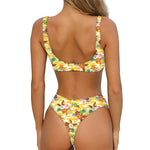Yellow Camo And Hibiscus Flower Print Front Bow Tie Bikini