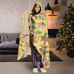 Yellow Camo And Hibiscus Flower Print Hooded Blanket