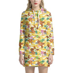 Yellow Camo And Hibiscus Flower Print Hoodie Dress