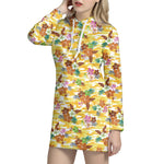 Yellow Camo And Hibiscus Flower Print Hoodie Dress