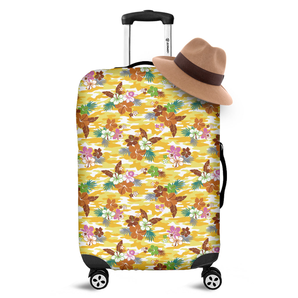 Yellow Camo And Hibiscus Flower Print Luggage Cover