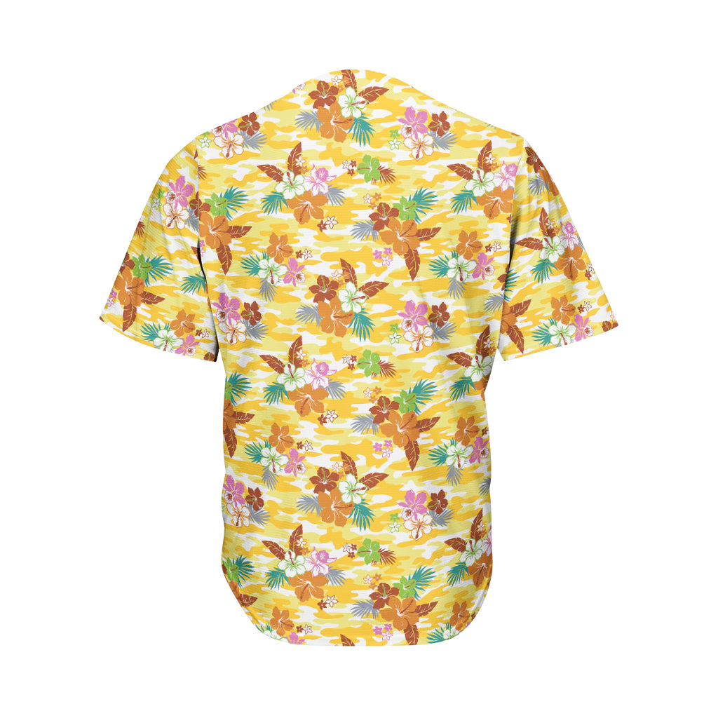 Yellow Camo And Hibiscus Flower Print Men's Baseball Jersey
