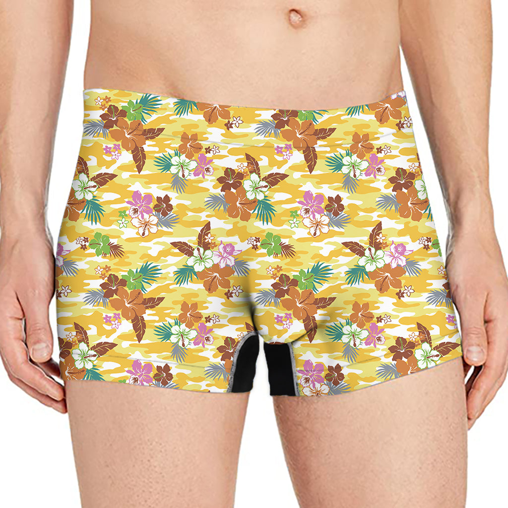 Yellow Camo And Hibiscus Flower Print Men's Boxer Briefs