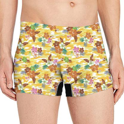 Yellow Camo And Hibiscus Flower Print Men's Boxer Briefs