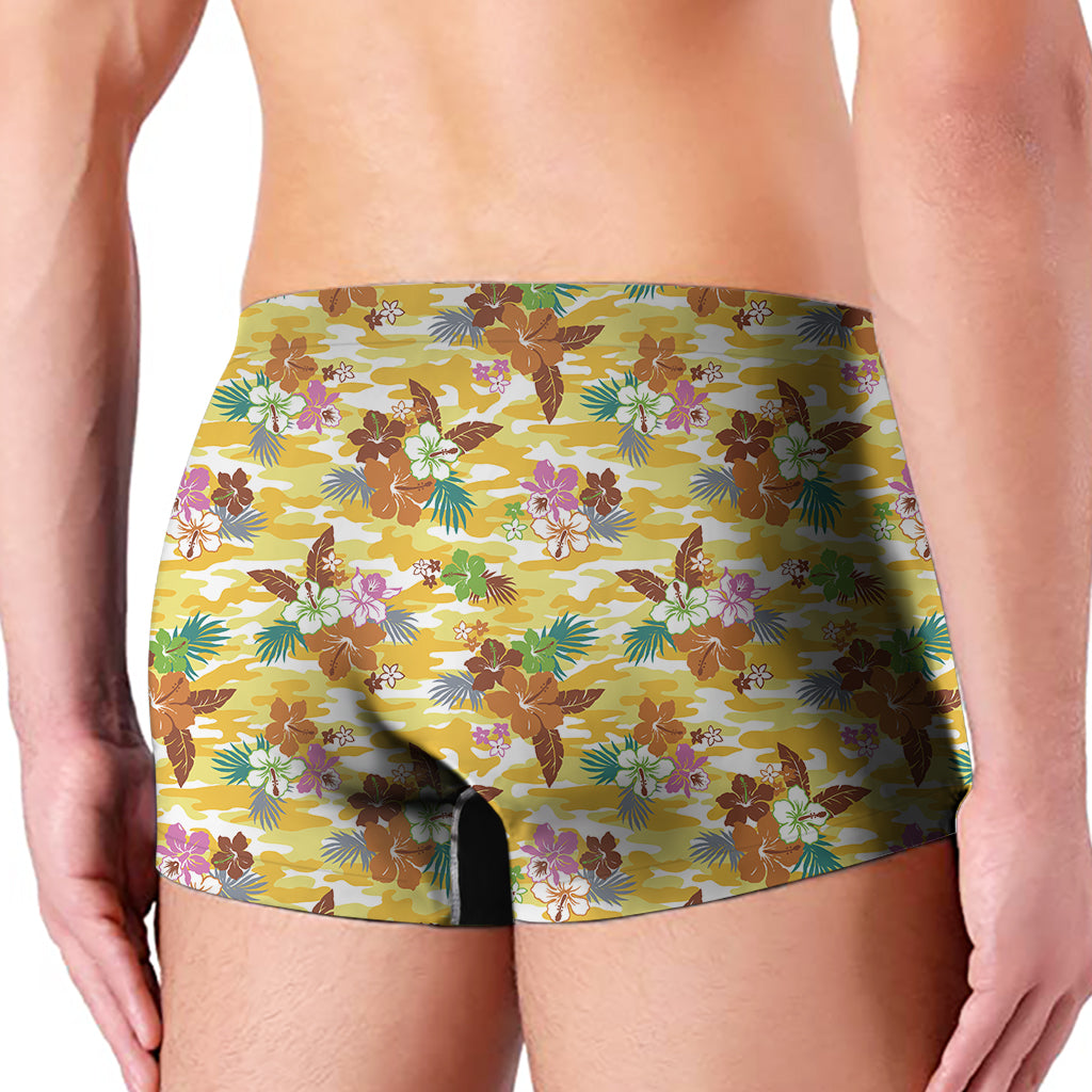 Yellow Camo And Hibiscus Flower Print Men's Boxer Briefs