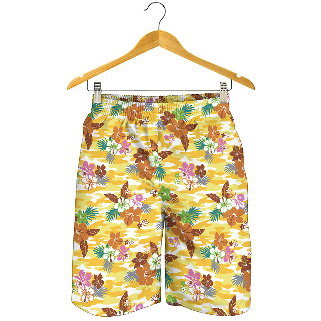 Yellow Camo And Hibiscus Flower Print Men's Shorts