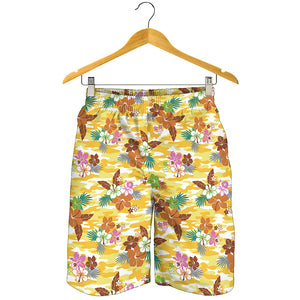 Yellow Camo And Hibiscus Flower Print Men's Shorts