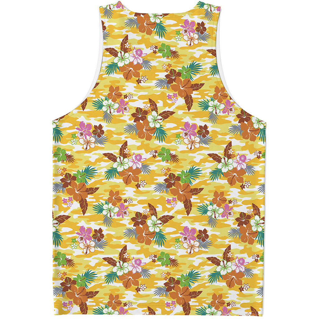 Yellow Camo And Hibiscus Flower Print Men's Tank Top