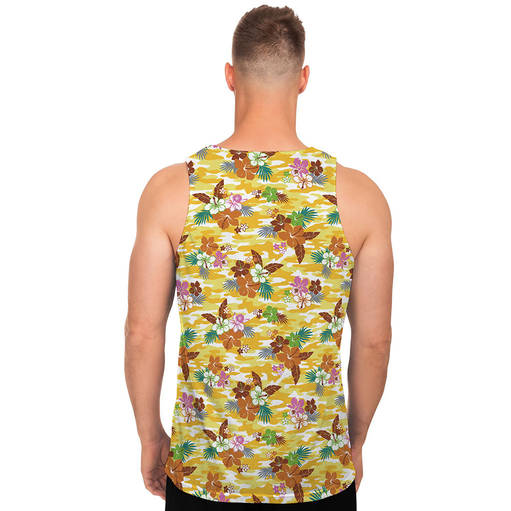 Yellow Camo And Hibiscus Flower Print Men's Tank Top