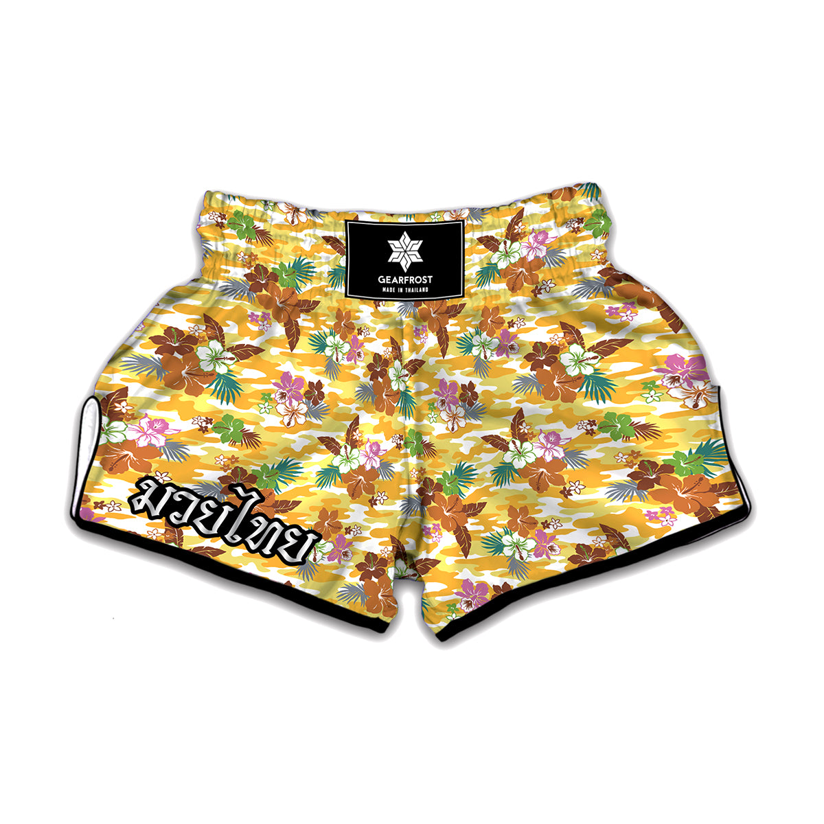 Yellow Camo And Hibiscus Flower Print Muay Thai Boxing Shorts