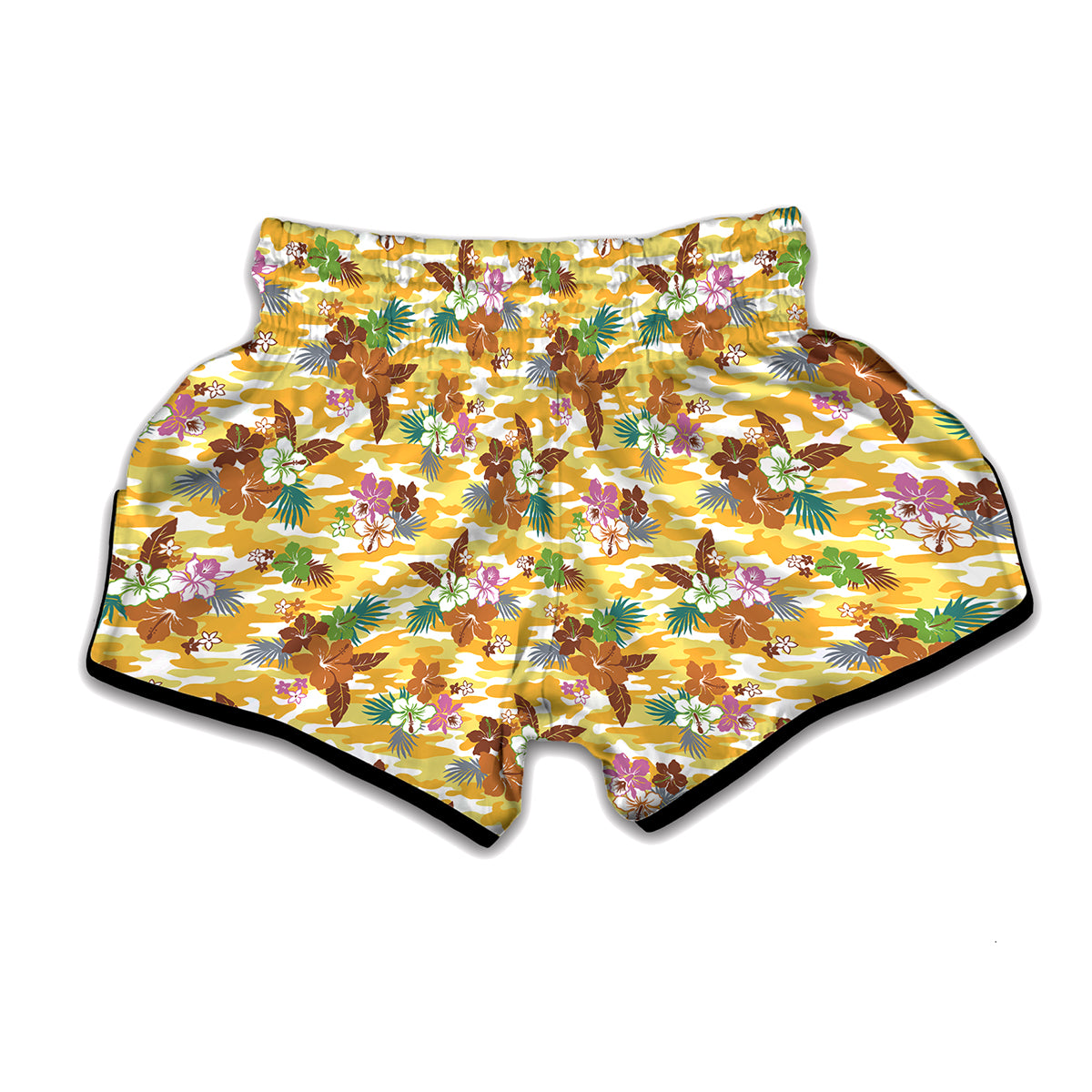 Yellow Camo And Hibiscus Flower Print Muay Thai Boxing Shorts