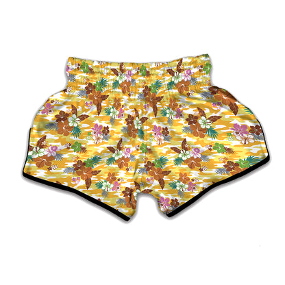 Yellow Camo And Hibiscus Flower Print Muay Thai Boxing Shorts