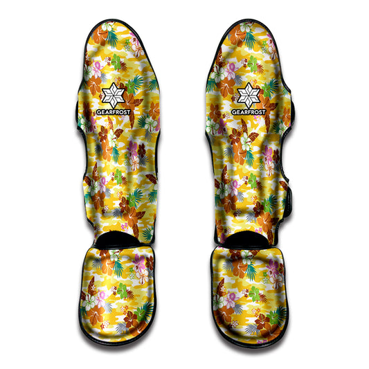 Yellow Camo And Hibiscus Flower Print Muay Thai Shin Guard