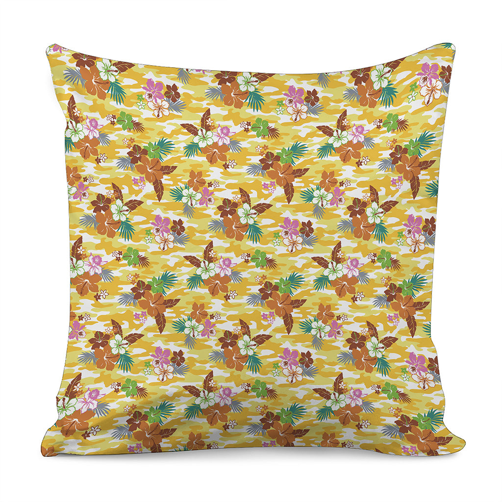 Yellow Camo And Hibiscus Flower Print Pillow Cover